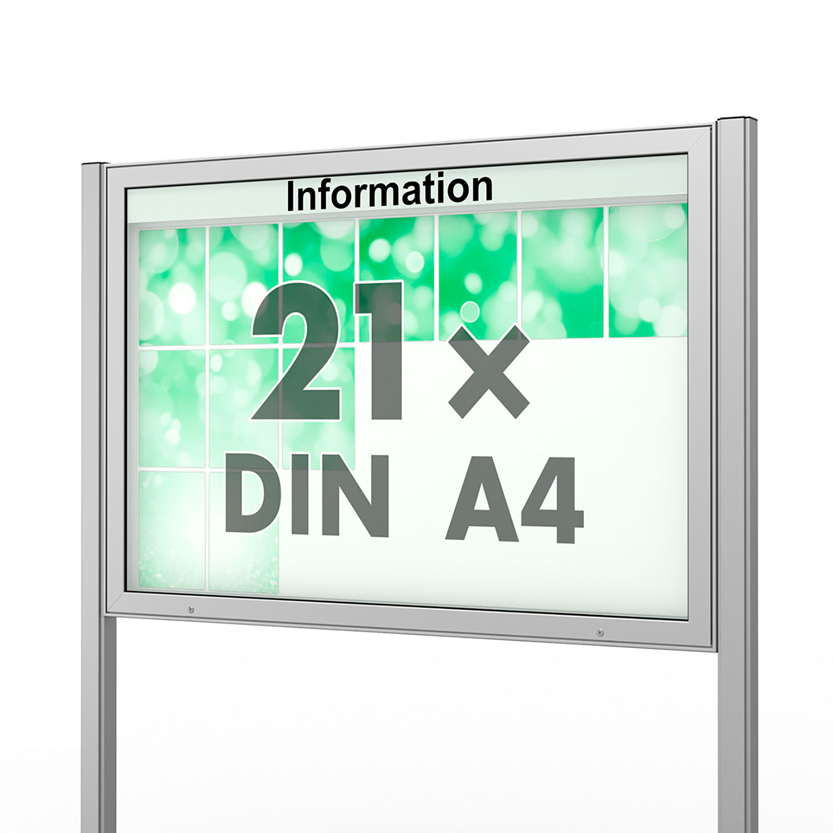 21 x DIN A4 Schaukasten Plenum eckig - der "Klassiker" - 65mm Bautiefe - mit Ständern und optionaler LED-Beleuchtung